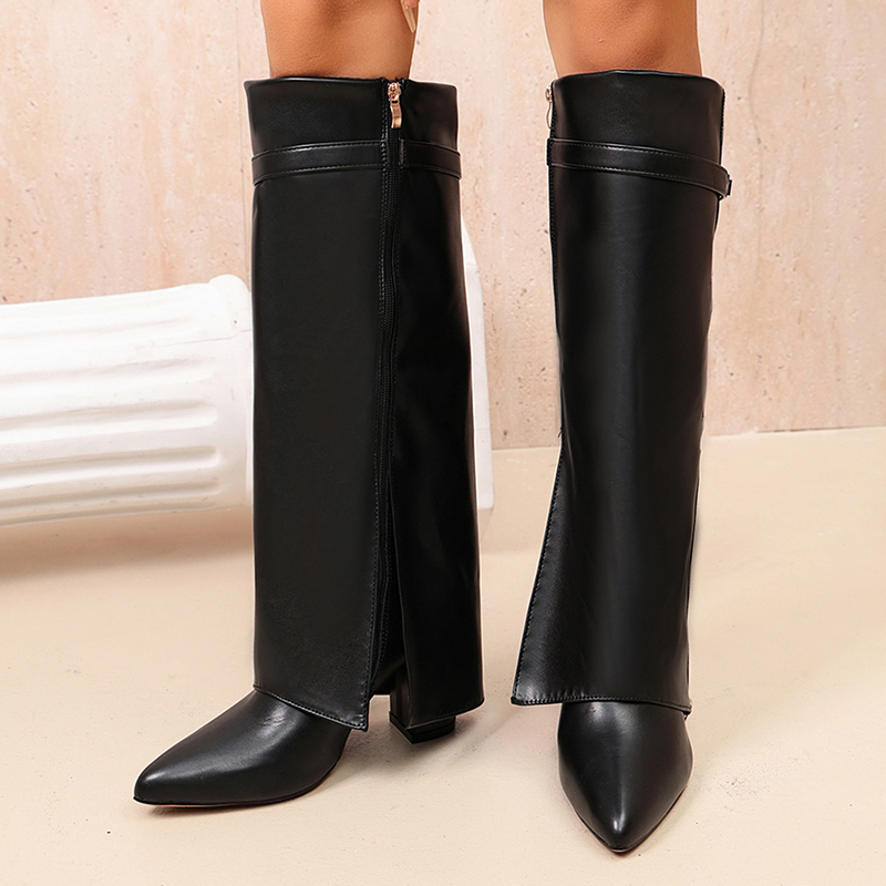 Women'S Fashion Knee High Boots - รองเท้าบูทหนัง PU สีดำแฟชั่น ทรงสูงถึงเข่า สำหรับผู้หญิง คอลเลคชั่นฤดูใบไม้ร่วง
