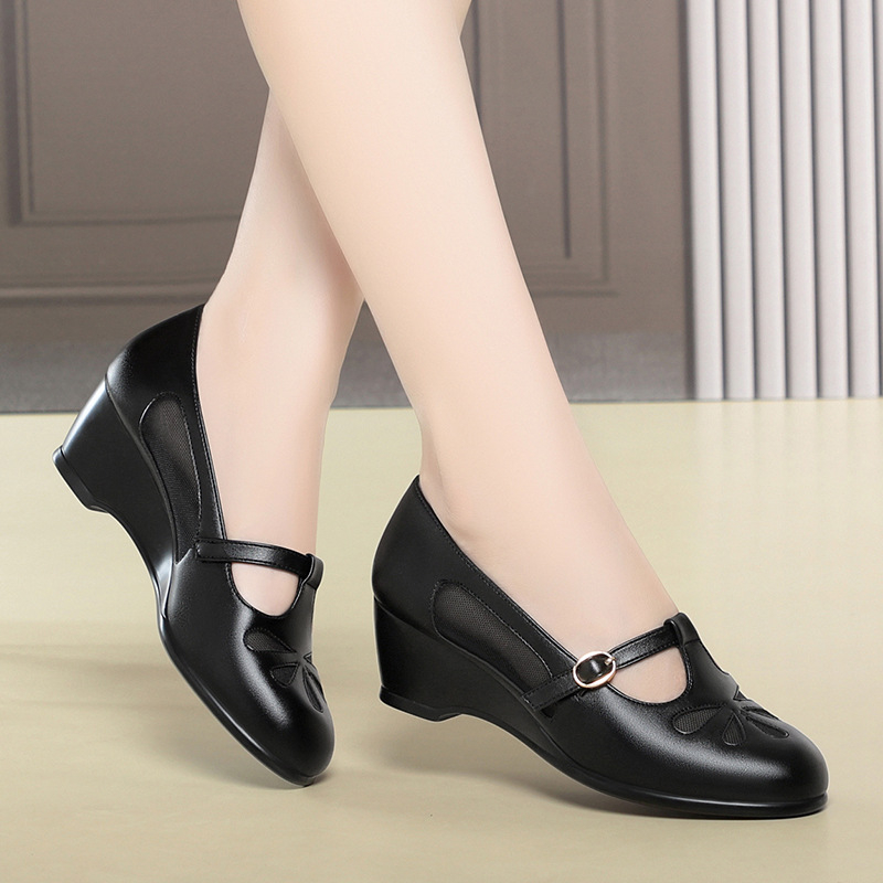 Women'S Fashion Shoes - รองเท้าส้นเตารีดแบบตาข่ายสำหรับผู้หญิงวัยกลางคน ใส่สบาย น้ำหนักเบา หนังนุ่ม พื้นรองเท้านุ่ม ระบายอากาศได้ดี