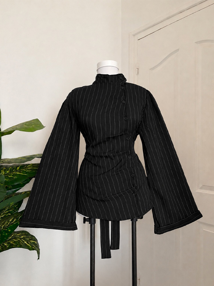 เสื้อเบลาส์ผู้หญิงแขนยาว ลายทา - Women Fashion Necktie บทวิจารณ์และราคา