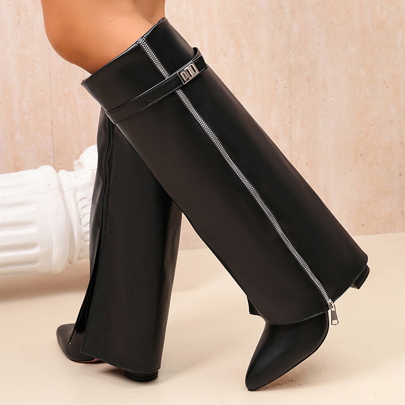 รองเท้าบูทหนัง PU สีดำแฟชั่น ท - Women'S Fashion Knee High Boots บทวิจารณ์และราคา