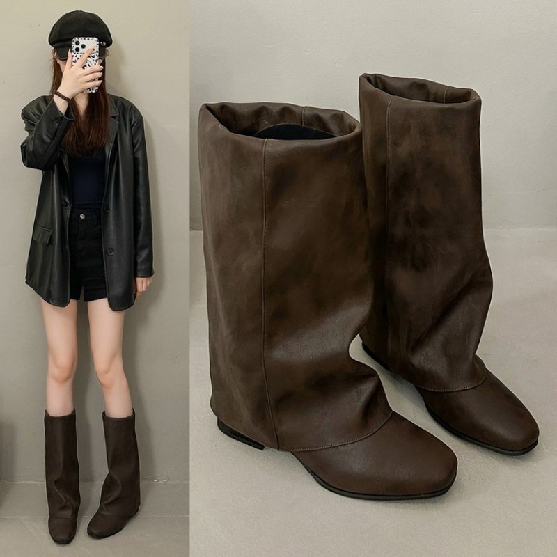 รองเท้าบูทแฟชั่นวินเทจหัวเหลี่ - Women'S Fashion Knee High Boots บทวิจารณ์และราคา